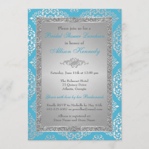 Blue, Silver Glitter Damask Bridal Shower Invite