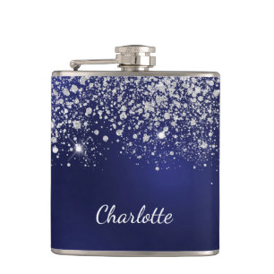 Blue silver glitter dust monogram name script  hip flask