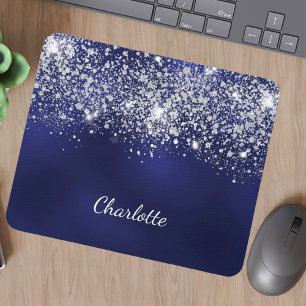 Blue silver glitter dust monogram name script mouse pad