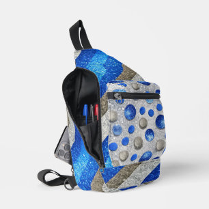 BLUE & SILVER GLITTER LOOK STRIPES & POLKA DOTS SLING BAG
