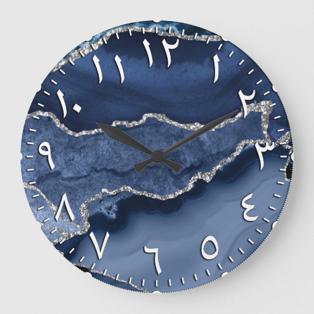 Blue & Silver Glitter Marble Agate Arabic Numerals Large Clock (Front)