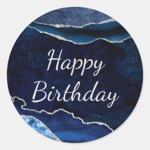 Blue & Silver Glitter Marble Agate Birthday Classic Round Sticker