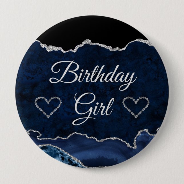 Blue & Silver Glitter Marble Agate Birthday Girl 4 Inch Round Button (Front)