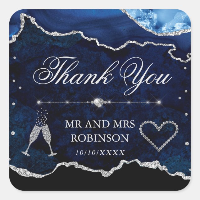 Blue & Silver Glitter Marble Agate Wedding Square Sticker (Front)