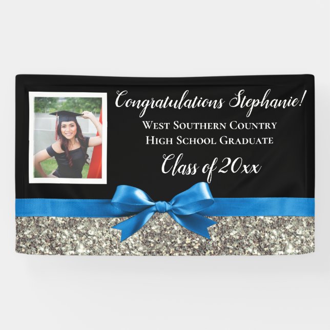 Blue Silver Glitter Photo Graduation Banner Sign (Horizontal)