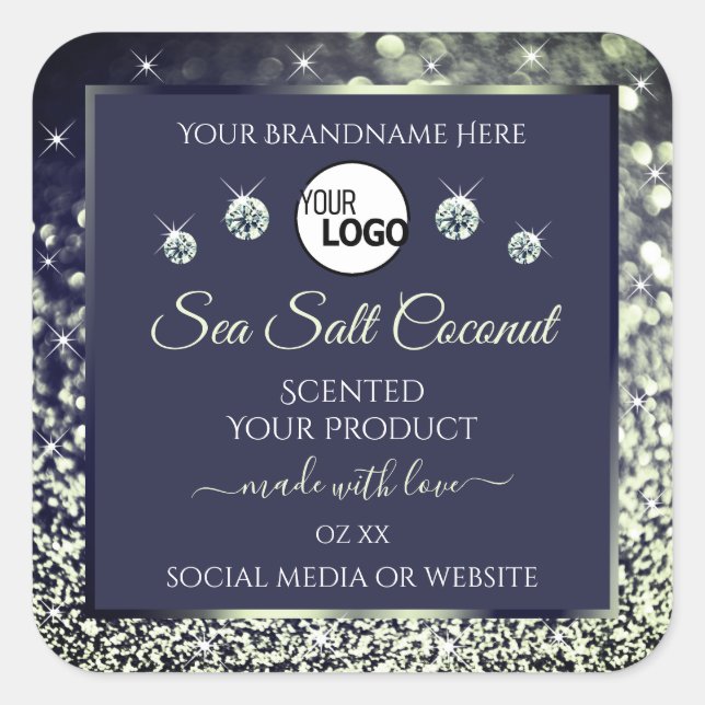 Blue Silver Glitter Product Label Logo Rhinestones (Front)