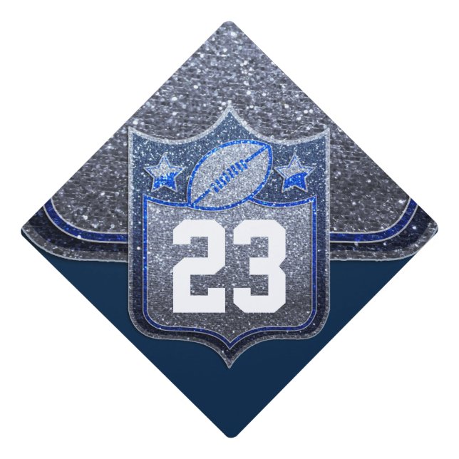 Blue & Silver Glitter School Football Team Sports Graduation Cap Topper (Front)