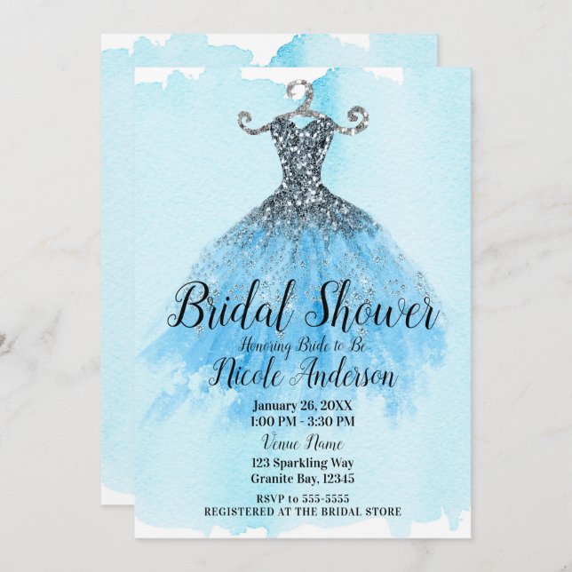 Blue & Silver Glitter Sparkle Dress Bridal Shower Invitation (Front/Back)