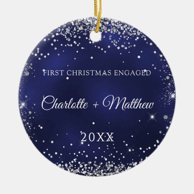 Blue silver glitter sparkles engaged photo ceramic ornament (Front)