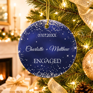 Blue silver glitter sparkles engamement ceramic ornament