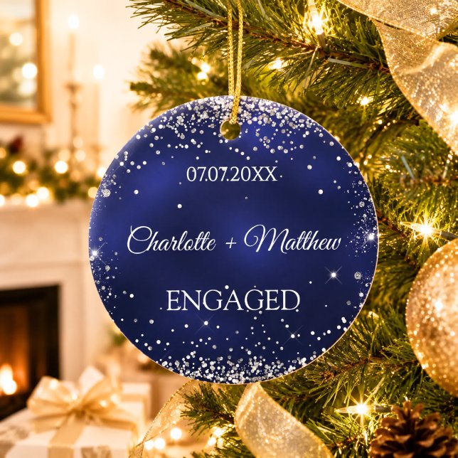 Blue silver glitter sparkles engamement  ceramic ornament (Creator Uploaded)