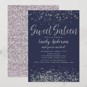 Blue Silver Glitter Sweet 16 Invitation