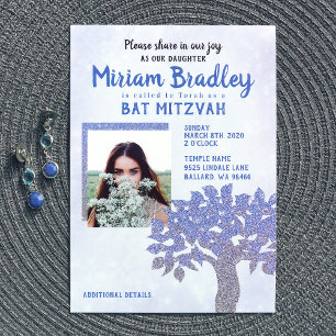 Blue & Silver Glitter Tree Bat Mitzvah Invitation