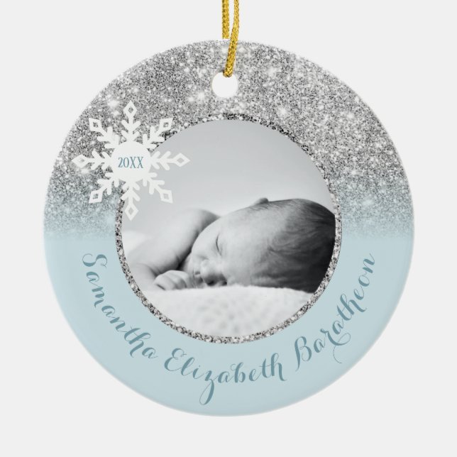 Blue Silver Glitter Winter Personalized Baby Ceram Ceramic Ornament (Front)