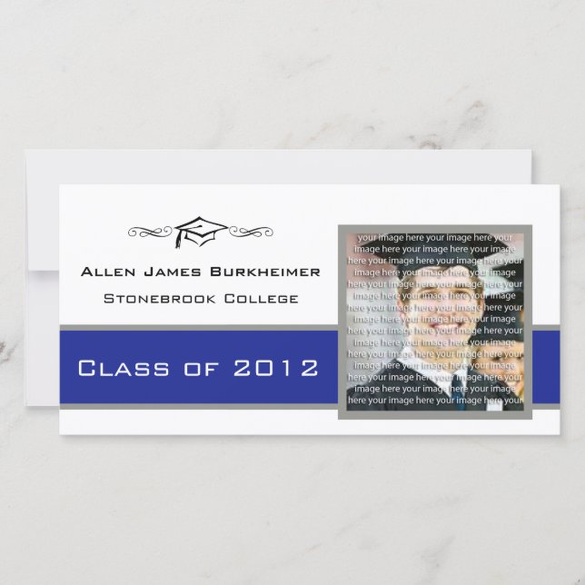 Blue & Silver Graduation Photo Announcement Cards (Front)