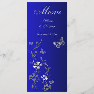 Blue, Silver Grey Butterfly Floral Menu Card