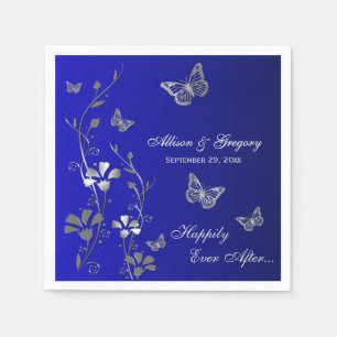 Blue, Silver Grey Butterfly Floral Paper Napkins