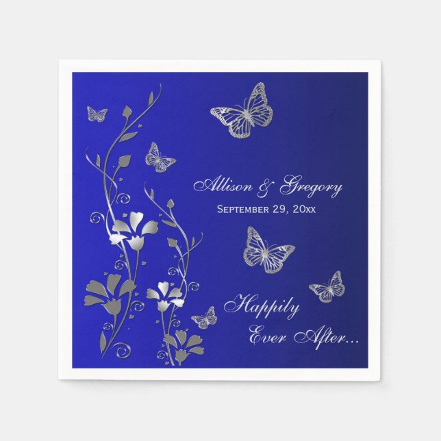 Blue, Silver Grey Butterfly Floral Paper Napkins (Front)