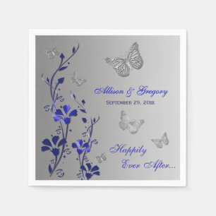 Blue, Silver Grey Butterfly Floral Paper Napkins 2