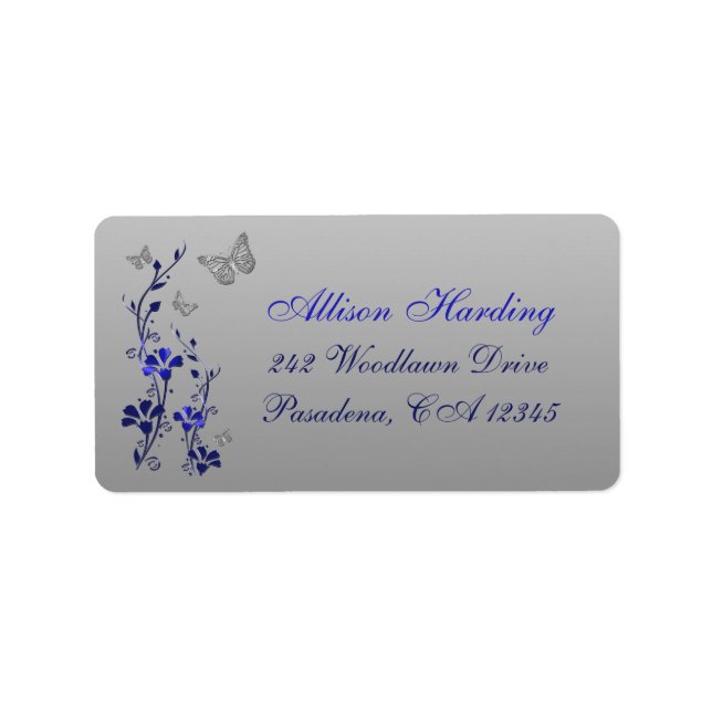 Blue, Silver Grey Butterfly Floral Return Address Label (Front)