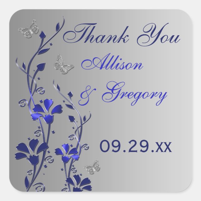 Blue, Silver Grey Floral with Butterflies Sticker (Front)