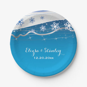 Blue, silver grey snowflake modern wedding paper plate