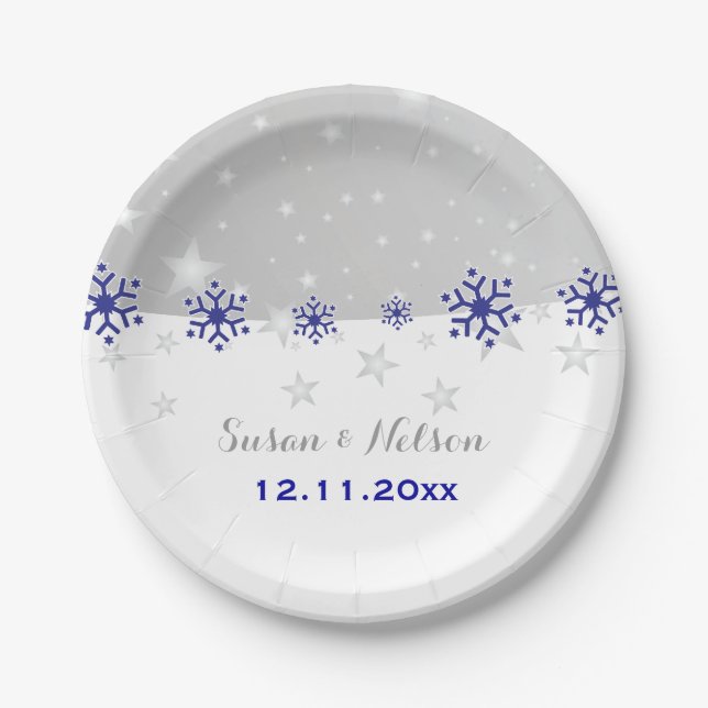 Blue, silver grey snowflake modern wedding paper plate (Front)