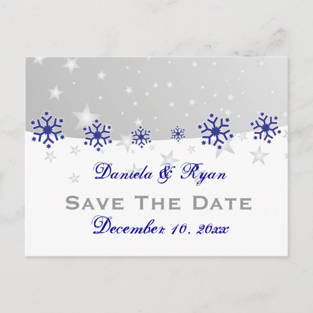 Blue, silver grey snowflake wedding Save the Date Announcement Postcard (Front)