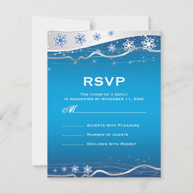 Blue, silver grey snowflake winter wedding RSVP Card (Front)