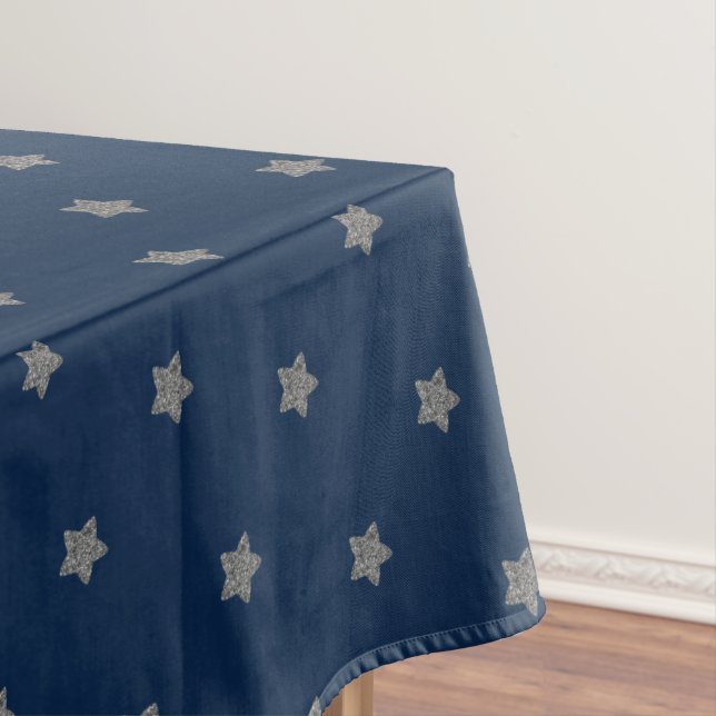 Blue Silver Grey Stars Pattern Festive Elegant Tablecloth (In Situ)