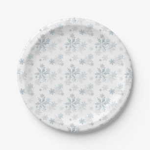 Blue Silver Grey Winter Wonderland Snowflake Paper Plate