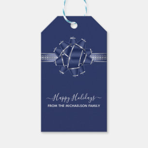 Blue Silver Happy Holidays Bow Personalized Gift Tags