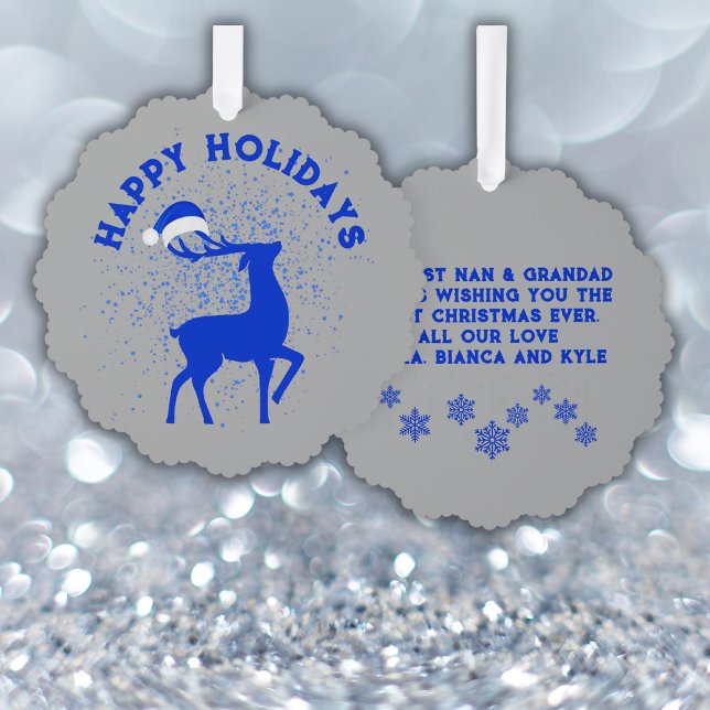 Blue/Silver Happy Holidays Reindeer with Monogram Ornament Card (Creator Uploaded)