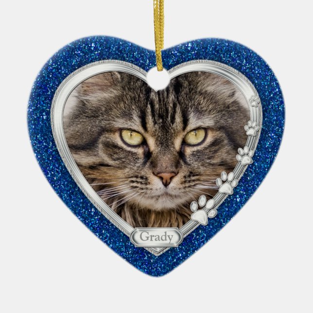 Blue Silver Heart Pet Cat Memorial Photo Christmas Ceramic Ornament (Front)