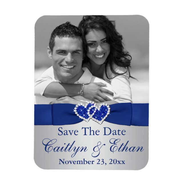 Blue, Silver Hearts Save the Date Photo Magnet (Vertical)