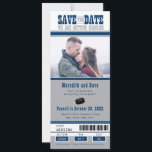 Blue Silver Hockey Ticket Wedding Save the Date<br><div class="desc">Sports themed Hockey Ticket wedding save the date. COLORS ARE NAVY BLUE AND SILVER GRAY. Add a photo on the front and two additional photos on the back with further information to add. For enquiries about custom design changes by the independent designer please email paula@labellarue.com BEFORE you customize or place...</div>