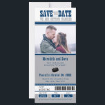 Blue Silver Hockey Ticket Wedding Save the Date<br><div class="desc">Sports themed Hockey Ticket wedding save the date. COLORS ARE NAVY BLUE AND SILVER GRAY. Add a photo on the front and two additional photos on the back with further information to add. For enquiries about custom design changes by the independent designer please email paula@labellarue.com BEFORE you customize or place...</div>
