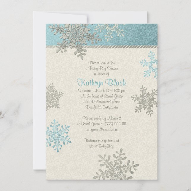 Blue Silver Ivory Snowflake Winter Baby Shower Invitation (Front)