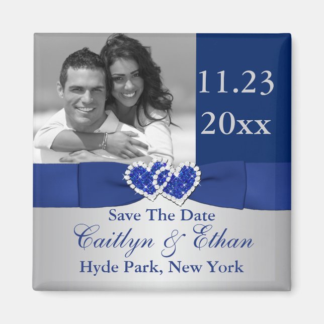 Blue, Silver Joined Hearts Save the Date Magnet (Front)