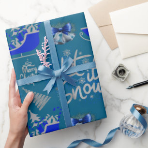 Blue & Silver Let It Snow on Blue   Wrapping Paper