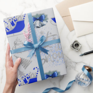 Blue & Silver Let It Snow on Light Grey Wrapping Paper