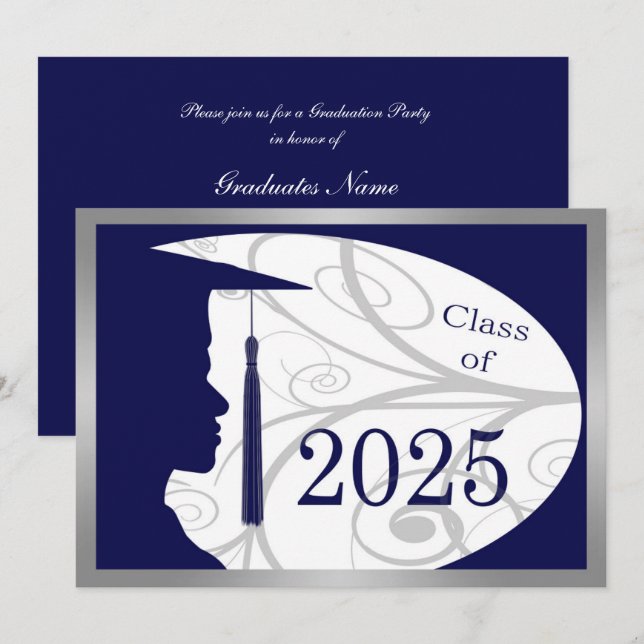 Blue Silver Man Silhouette 2025 Graduation Party Invitation (Front/Back)