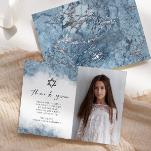 Blue Silver Marble Bat Mitzvah Thank You Card