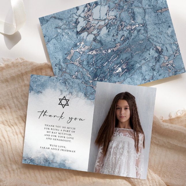Blue Silver Marble Bat Mitzvah Thank You Card (Creator Uploaded)