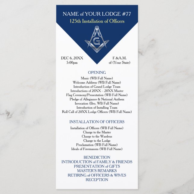 Blue Silver Masonic Installation Program Template (Front)