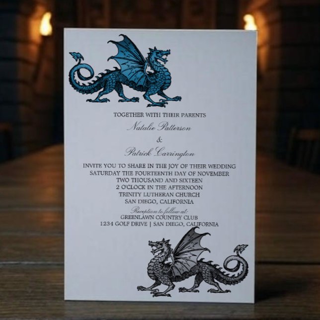 Blue Silver Medieval Dragon Wedding Invite (Blue Silver Medieval Dragon Wedding Invite)