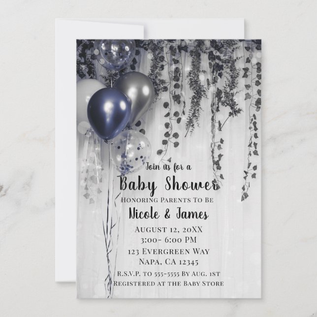 Blue Silver Metallic Balloons Ivy Baby Shower Invitation (Front)