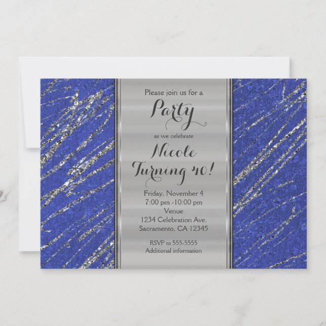 Blue & Silver Modern Glam Marble Stripe Invitation (Front)