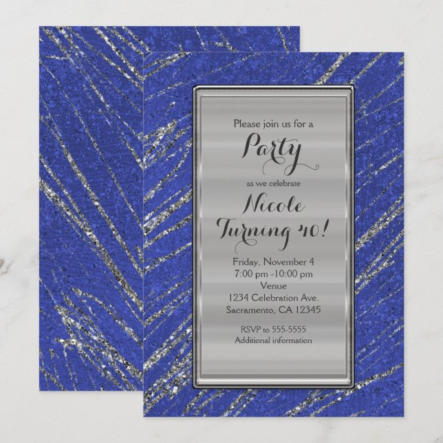 Blue & Silver Modern Glam Marble Stripe Invitation (Front/Back)