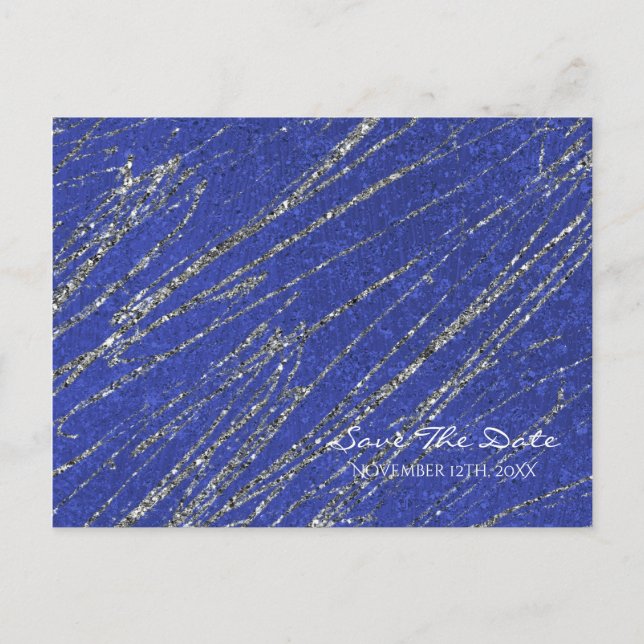 Blue & Silver Modern Marble Stripe Save the Date Announcement Postcard (Front)